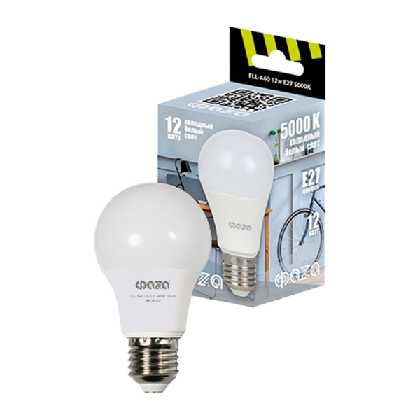 *Лампа светодиодная Фаzа A60 E27 12W 5000К 220-240V груша (1/10/100) 