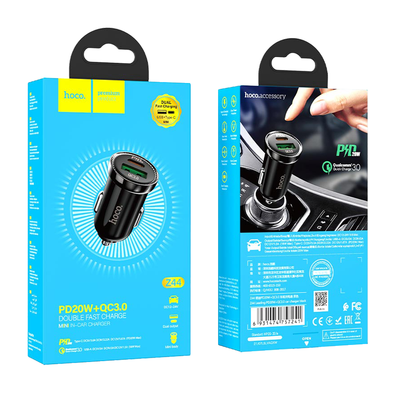 Автомобильное З/У HOCO Z44 1USB/Type-C 3.0A черный (1/12/120)