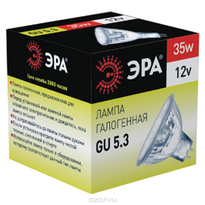 Лампа галогенная ЭРА MR16 GU5.3 35W 3000К 12V софит 50мм прозрачная (1/10/200)