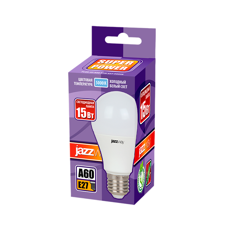 Лампа светодиодная JAZZway A60 E27 15W 5000К 230V груша матовая (1/10/100)