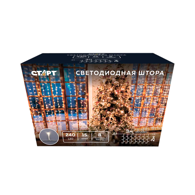 Гирлянда Старт НГ 240LED 3х2м занавес 8 режимов теплый белый (1/10/50)
