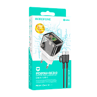 Сетевое З/У Borofone BA80A 1USB/Type-C 20W PD,QC с кабелем Type-C/Type-C черный