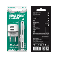 Сетевое З/У Borofone BA23A 2USB 2.4A с кабелем microUSB белый (1/36/144)