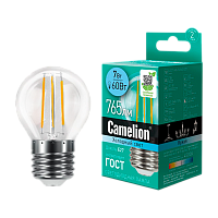 Лампа светодиодная филамент Camelion G45 E27 7W 4500К 207-244V шар прозрачная (1/10/100)