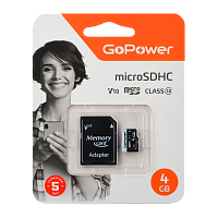 Карта памяти microSD GoPower 4GB Class10 15 МБ/сек V10 с адаптером