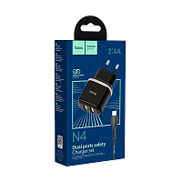 Сетевое З/У HOCO N4 2USB 2.4A с кабелем microUSB черный (1/12/120)