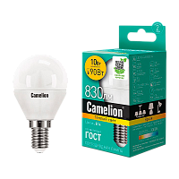 Лампа светодиодная Camelion G45 E14 10W 3000К 170-265V шар матовая (1/10/100)