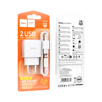 Сетевое З/У HOCO C141A 2USB 2.1A с кабелем Lightning белый (1/28/168)