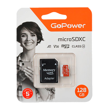 Карта памяти microSD GoPower 128GB Class10 UHS-I (U3) 100 МБ/сек V30 с адаптером
