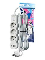 Удлинитель Космос 3р.С/З 10A 3.0м с выкл. ПВС 3x1мм² IP20 USB белый (1/30)