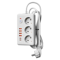 Сетевой фильтр прямоугольный КОСМОС 10A 2500Вт 5м 3 гнезда, выкл, пвс 3х1мм2, белый 4 USB+ 2 USBC