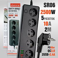 Сетевой фильтр SAFETY SOCKET SR06 5р.С/З 10A 2.0м 3USB/Type-C QC3.0 / PD3 с выкл. черный