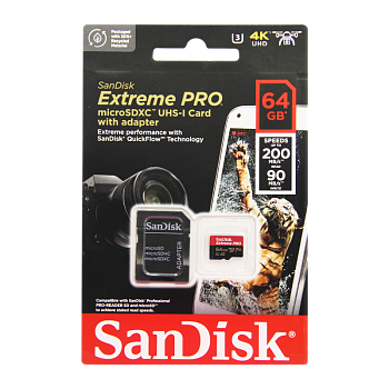 Карта памяти microSD SanDisk Extreme Pro 64GB Class10 A2 UHS-I (U3) 200 МБ/сек CN (Китай) с адаптеро