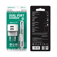 Сетевое З/У Borofone BA23A 2USB 2.4A с кабелем microUSB белый (1/36/144)