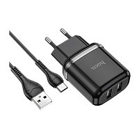 Сетевое З/У HOCO N4 2USB 2.4A с кабелем Type-C черный (1/12/120) 