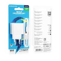 Сетевое З/У Borofone BAS12A Erudite 1USB 3.0A 18W QC,FCP,AFC с кабелем Type-C белый (1/48/192) 