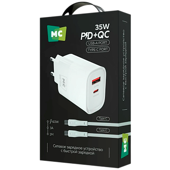 Сетевое З/У MORE CHOICE NC82a 1USB+1Type-C 3.0A 35W PD,QC с кабелем Type-C/Type-C белый 