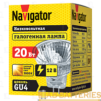 Лампа галогенная Navigator MR11 GU4 20W 3000К 12V софит прозрачная (1/10/200)