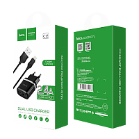 Сетевое З/У HOCO C12 2USB 2.4A с кабелем Lightning черный (1/10/100)
