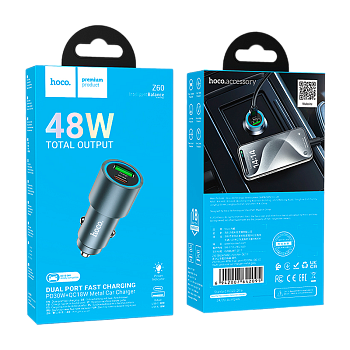 Автомобильное З/У HOCO Z60 1USB+1Type-C 48W QC3.0 / PD3 серый (1/13/130) 