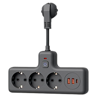 Сетевой фильтр Космос Компакт 3р.С/З 10A 0.3м 2USB+Type-C ПВС 3x1мм² с выкл. черный (1/40)
