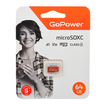 Карта памяти microSD GoPower 64GB Class10 65 МБ/сек V30 без адаптера