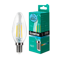 Лампа светодиодная филамент Camelion C35 E14 7W 4500К 172-265V свеча прозрачная (1/10/100)