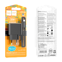 Сетевое З/У HOCO CS14A 1USB+1Type-C 20W PD,QC,FCP,AFC с кабелем Type-C-Lightning черный (1/28/168)