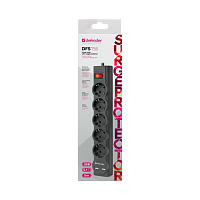 Сетевой фильтр Defender DFS 755 5р.С/З 10A 5.0м 2USB 220 Дж черный (1/30)