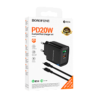 Сетевое З/У Borofone BA83A 1USB+1Type-C 60W PD,QC с кабелем Type-C/Type-C черный 