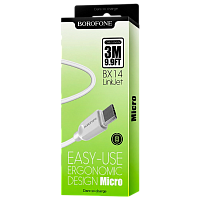 Кабель Borofone BX14 USB (m)-microUSB (m) 3м 2.4A ПВХ белый (1/360)