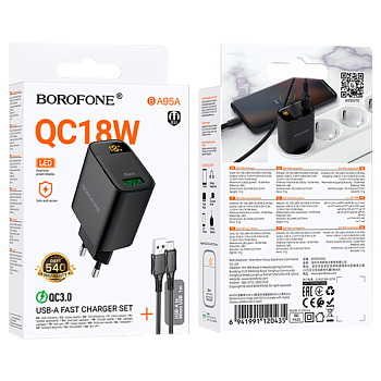 Сетевое З/У Borofone BA95A 1USB 18W QC3.0 дисплей с кабелем microUSB черный (1/46/184)