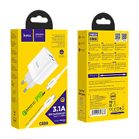Сетевое З/У HOCO C80A 1USB/Type-C 3.1A 20W QC3.0 с кабелем Type-C-Type-C 60W белый (1/12/120) 