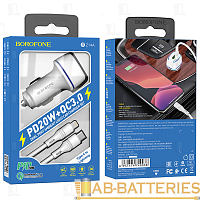 Автомобильное З/У Borofone BZ14A 1USB/Type-C 3.0A 20W QC3.0 с кабелем Type-C-Lightning белый (1/42/1
