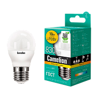 Лампа светодиодная Camelion G45 E27 10W 3000К 170-265V шар матовая (1/10/100)