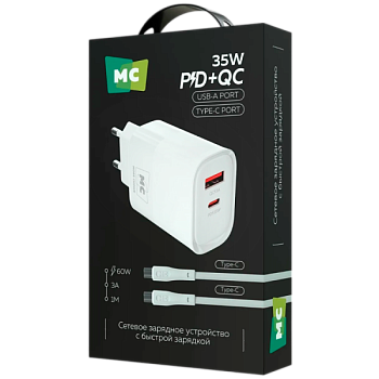 Сетевое З/У MORE CHOICE NC82a 1USB+1Type-C 3.0A 35W PD,QC с кабелем Type-C/Type-C белый