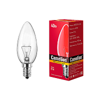 Лампа накаливания Camelion E14 40W 220V свеча прозрачная (1/100)