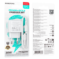 Сетевое З/У Borofone BAS45A Type-C 3.0A 30W QC3.0 / PD3 с кабелем Lightning белый 