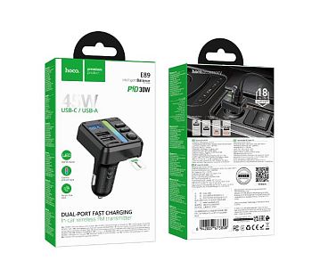 FM-трансмиттер HOCO E89 2USB+Type-C bluetooth 5.4 PD30W черный (1/120)