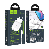 Сетевое З/У HOCO N4 2USB 2.4A с кабелем microUSB белый (1/12/120) 