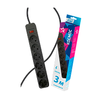 Сетевой фильтр Космос 6р.С/З 16A 3.0м ПВС 3x1мм² с выкл. черный (1/20)