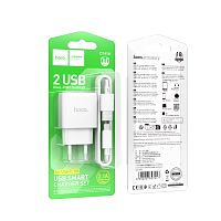 Сетевое З/У HOCO C141A 2USB 2.1A с кабелем Type-C белый (1/28/168) 