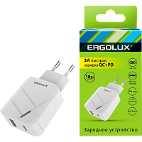 Сетевое З/У Ergolux ELX-РA01QC-C01 1USB+1Type-C 3.0A 18W PD,QC белый (1/10/240) 