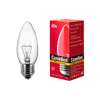 Лампа накаливания Camelion E27 60W 220V свеча прозрачная (1/100)