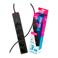 Сетевой фильтр Космос 5р.С/З 10A 3.0м 2USB ПВС 3x0.75мм² с выкл. черный (1/20)