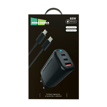 Сетевое З/У MORE CHOICE NC79 1USB/2Type-C 3.0A 65W PD3.0 с кабелем Type-C/Type-C черный (1/20/100) 