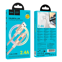 Кабель HOCO U144 USB (m)-Lightning (m) 1.2м 2.4A нейлон подсветка золотой (1/22/220)