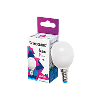Лампа светодиодная Космос GL45 E14 6.5W 6500К 220V шар матовая (1/10/80)