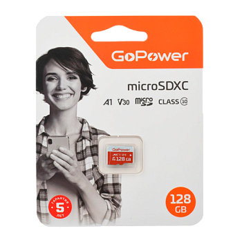 Карта памяти microSD GoPower 128GB Class10 UHS-I (U3) 100 МБ/сек V30 без адаптера