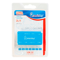 Картридер Smartbuy 750 USB2.0 SD/microSD/MS/M2 Combo с USB хабами голубой 